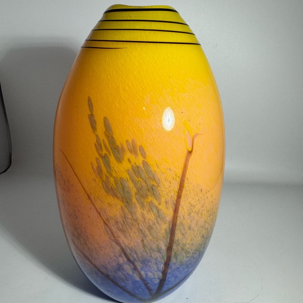 Art Glass Vase Hand Blown Glass Orange Blue Yellow Spiral Swirl 11”